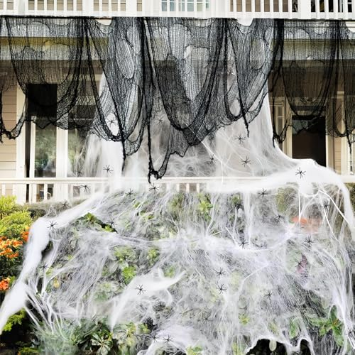 Supoice Halloween-Spinnennetz, 1200 m², Spinnennetz und 5 gruselige Stoffe, schwarz, 76,2 x 182,9 cm, Bonus 60 künstliche Spinnen für Halloween-Dekorationen