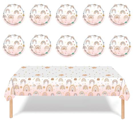 JCUGSBS Nappe bohème + 10 assiettes de 7 pouces,Arc-en-Ciel Pastel, 137 * 274cm Rectangle Couverture de Table Arc-en-Ciel Pastel pour Les Filles Décorations d'anniversaire Arc-en-Ciel