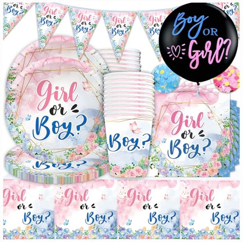 63 Pcs Baby Girl Baby Boy Gender Reveal Party Tableware Set, Gender Reveal Decorations Gender Reveal Party Tableware Includes Plates Cups Napkins Tablecloths Gender Reveal Balloons Banner (20 Guests)