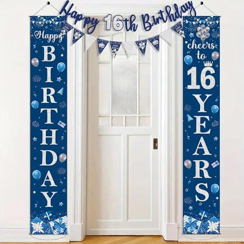 16th Birthday Decorations Banner Boy - Blue Silver Door Porch Sign Banners, Happy Birthday Bunting Triangle Flags for Boys Girl Anniversary Party Decoration Supplies