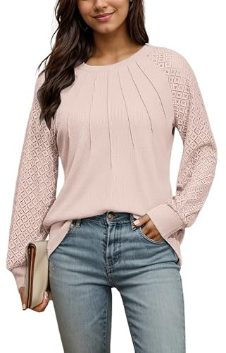 Timuspo Lace Top Women's Waffle Knitted Blouse Crew Neck Tunic Long Sleeve Casual Plain Shirt Elegant Front Pleated Top Lace Top Spring Autumn T-Shirts, apricot, XL