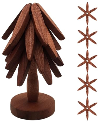 Fiauli Wooden Trivets for Hot Dishes,Christmas Tree Shape Table Insulation Mat Set,Collapsible 5 Wooden Trivet with Stand,Multifunctional Hot Pad Bowl Plate Pad Teapots Coaster for Kitchen Ebony