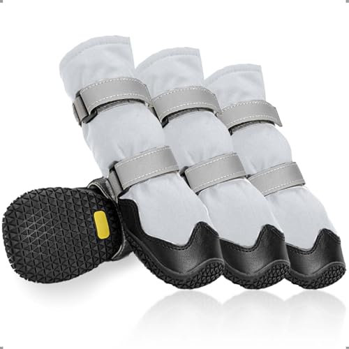 OHCOZZY Anti-Rutsch Hundeschuhe mit reflektierenden Riemen wasserdicht, verschleißfeste Leder Gummisohle Hundeschuhe Pfotenschutz fürkleine, mittlere und große Hunde 4 Stück(Größe L, Grau)