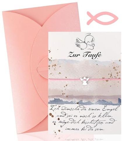 QMLING Taufgeschenke für Mädchen, Karte Taufe Geschenk mit Umschlag, Karte zur Taufe mit Holzfisch, Taufkarte Mädchen mit Engelsarmband, Taufgeschenk für Täufling Eltern Paten