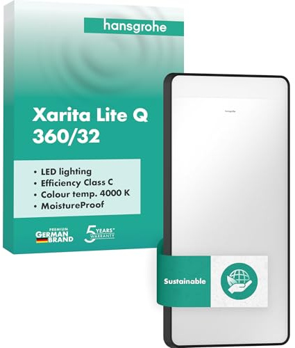 hansgrohe Xarita Lite Q - Spiegel mit Beleuchtung, Badezimmerspiegel mit horizontaler LED-Beleuchtung, Badspiegel 360x700x30mm, Lichtsteuerung über Wandschalter, Aluminiumrahmen, Mattschwarz, 54955670