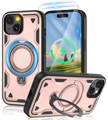 Jshru 3 in 1 Magnetic for iPhone 15 Case,Compatible with MagSafe | Built-in Stand | 2 Pack HD Screen Protector,Military-Grade Shockproof Protective Cover for iPhone 15 6.1-Inch,Rose Gold