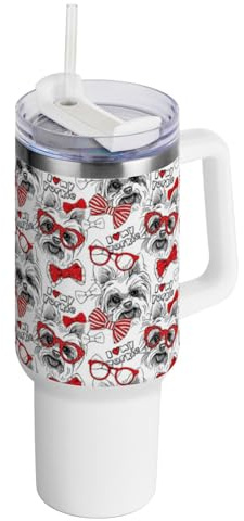 Kjovgcb Stainless Steel Travel Mug for Car, Hot Cold Insulated Thermal Tumbler Holder Vacuum Water Bottle Coffee Tea Cup 40 oz Print Yorkshire Terrier with Red Ties and Sunglasses Seamless