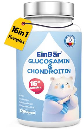 EinBär Glucosamin Chondroitin 16 in 1 Komplex 1500mg pro Tagesdosis - Mit MSM,Kurkuma, Vitamin C/D3/K2 + Zink & Kollagen für Gelenke, Knorpel & Bindegewebe in Deutschland produziert