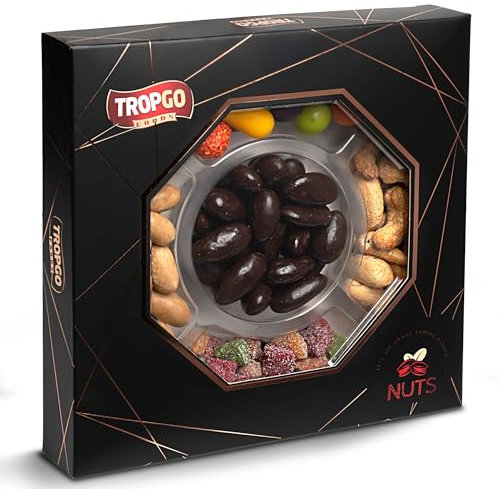 Tropgo 5 Sections Nuts and Sweets Gift Box - Gourmet Snack Box with Raw Walnuts, Raw Almonds, Mango Mini Cubes, Roasted Salted Cashews & Chocolate Almonds - Happy Birthday Party Selection Gift Sets
