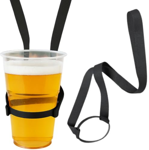 2er Set Becherhalter für Bier & Softdrinks, Getränkehalter mit Tragegurt, 45 cm Länge, Bierhalter Wiederverwendbar für Festivals, Konzerte & Outdoor, Becher Halter in Schwarz