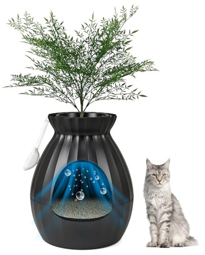 COSTWAY Bac Litiere pour Chat XXL avec Désodorisation Ionique, Grande Caisse Chat Litiere 63L avec Plante Artificielle Verte, Galets, Rideau, Pelle à Litière, Maison de Toilette pour Chaton (Noir)