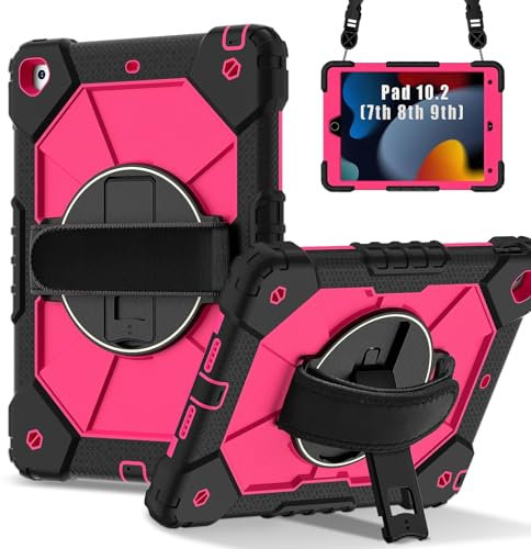 Protection des tablettes Compatible avec iPad 9e/8e/7e génération 10,2 pouces 2021/2020/2019, coque antichoc hybride en silicone et PC avec support rotatif à 360°, coque anti-rayures, sangles d'épaule