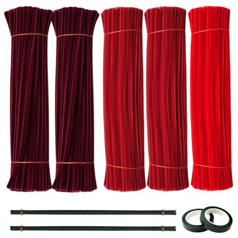 500 unidades de limpiador de pipas rojas, tallos de chenilla, palillos esponjosos para manualidades florales, incluyendo cinta de flores verdes y alambres de tallo de 30 cm de largo, accesorios de