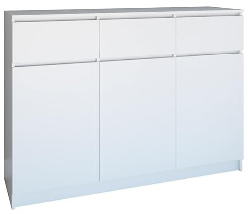 CDF Kommode Weiß 3 Türen 3 Schubladen Komode & Sideboards Schmal Schubladenkommode Sideboard 75 cm Hoch Wohnzimmer Komodenschrank 40x120x75 für Schlafzimmer Arbeitszimmer Flur Schubladenschrank
