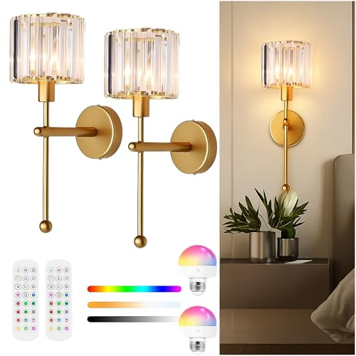 GALAKSIOZ Battery Operated Wall Sconce Set of Two,Crystal Rechargeable Wall Lamp with Remote Control&15 RGB Colors-3 Color Temperatures, Dimmable Wireless Wall Lights for Bedroom Bathroom Living Room