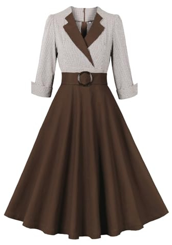 Foweknow Robe de cocktail pour femme Rockabilly à carreaux - Robe de soirée vintage des années 50 - Col en V - Manches 3/4 - Robe portefeuille - Jupon élégant