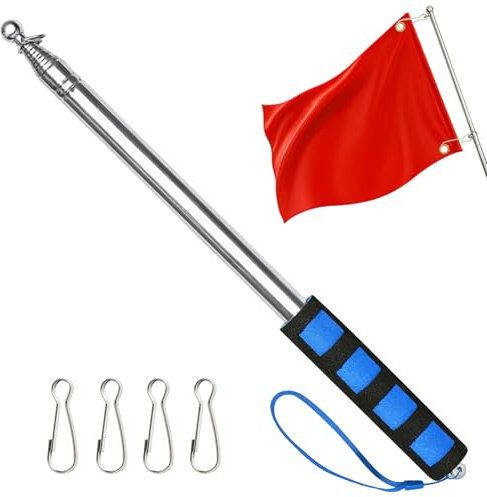 APXEL Asta Bandiera Telescopica, 2.5m Asta Bandiera Portatile in Acciaio Inossidabile, Manuale Porta con Impugnatura Antiscivolo, con 4 Ganci per Guide Turistiche, Campeggio, Insegnanti(Blu)
