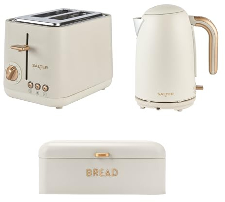 Salter Pebble 3-Piece Breakfast Set – 1.7L Rapid Boil Electric Kettle, 2-Slice Wide Slot Toaster with 6 Browning Levels, and Large Storage Container for up to 2 Loaves, Stone