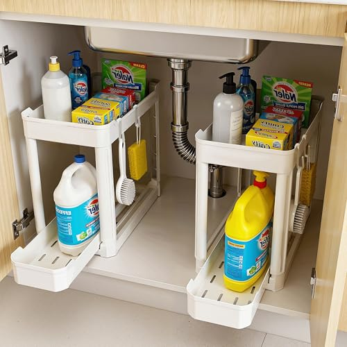 Ribelli 2er Set Küchen Organizer, Organizer mit Ausziehbarer Schublade, 40x22x33.8cm Spülschrank Organizer mit 8 Haken, Aufbewahrung für Küche & Bad, Weiß
