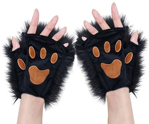 Katzenpfoten Handschuhe Cosplay, Katzen Handschuhe Pfoten, Gloves Fingerlos, Damen und Herren, Schwarz, Kostüme und Accessoires für Erwachsene, für Cosplay, Halloween und Karneval