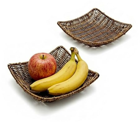 Set of 2 Square Woven-Look Countertop Trays, Faux Rattan, Raised Edges | Decorative 2-pack trays for fruit, bread and everyday countertop storage