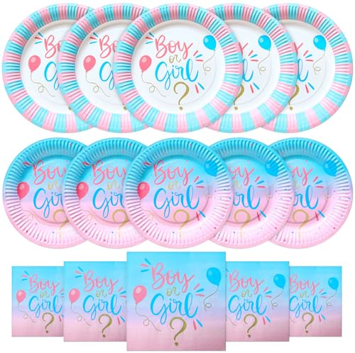 HNH Boy or Girl Paper Plates and Napkins Set Gender Reveal Party Tableware Disposable for 16 Person