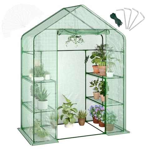 Garvee Serre Tunnel de Jardin compacte pour terrasse – Bâche PE épaissie, 12 étagères/4 Niveaux, fenêtre et Clips, idéale pour Plantes d’intérieur/extensionérieur, Taille 143x73x195 cm, 4 Racks