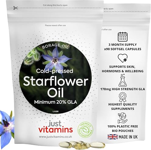 Starflower Oil 1000mg | 90 Premium Softgels | 178mg GLA | Cold-Pressed Borage Oil + Antioxidant Vitamin E | Omega 6 & 9 | PA-Safe | UK Made - Just Vitamins