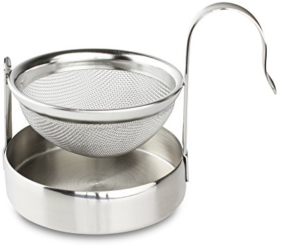 Café Ole Carded Mesh Tea Infuser/Strainer with Drip Bowl Caddy, Stainless Steel, 8.5 x 5.7 x 6.2 cm