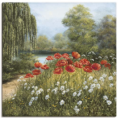 ARTLAND Wanddeko Leinwand Bilder Wandbild 70 x 70 cm Botanik Blumenwiese Mohnblume Malerei Grün A1MB Mohnwiese am See