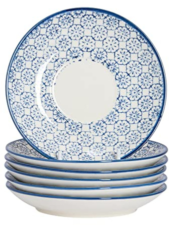 Nicola Spring Hand Printed Cappuccino Saucers - 14.5cm - Navy - Pack of 12 - Stoneware Coffee Cup Saucers Traditional Floral Design Plates for Cappuccino, Espresso, Latte, Tea & Hot Drinks