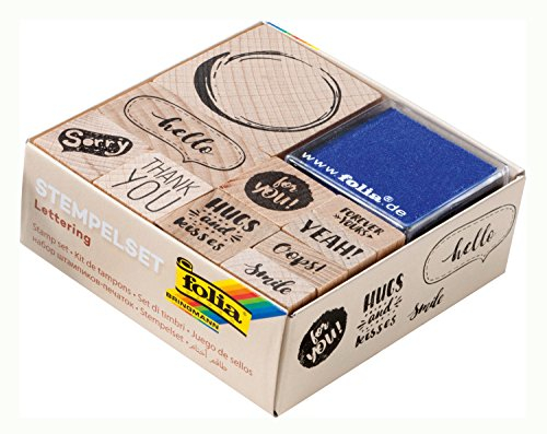 folia 31106 - Holzstempelset Lettering, inklusive 10 Holzstempel und 2 Stempelkissen - ideal zum Verzieren von Karten, Freundschaftsbüchern, für Lettering und Scrapbooking