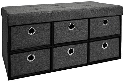 DuneDesign Faltbare Sitzbank 76x38x38cm inkl. 6 Schubladen Sitztruhe 80L Polsterbank Ottomane Leinen Dunkelgrau