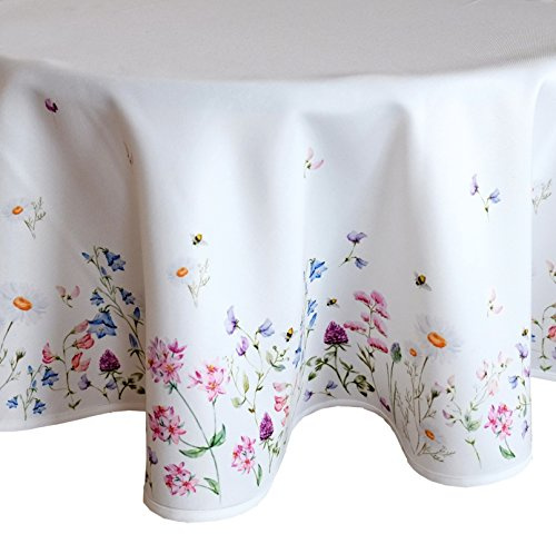 heimtexland ® Tisch Dekoration Serie Blumen Weiß Bunt Tischdecke 170 cm rund Blumenwiese Mehrfarbig Typ520