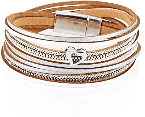 StarAppeal Armband Wickelarmband in Leder mit Herz, Kette und Magnetverschluss Silber, Damen Armband (Silber-Weiß)