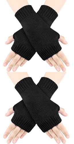 Blulu 2 Pair Winter Fingerless Gloves Warmers Wrist Soft Knitted Flexible Typing Driving Gloves for Women Men in Common Size(Black,One Size)