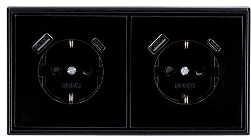 Jung SCHUKO USB-Steckdose Typ AC (3A) Komplett-Set Serie LS: 2x Steckdose LS152015CASW und 2-fach Rahmen LS982SW Schwarz