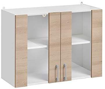Cuisineandcie - MEUBLE HAUT DE CUISINE ECO Chêne Naturel, 2 Portes Vitrées L60cm + étagère- Meuble Cuisine Rangement, Meuble Cuisine, Armoire Cuisine