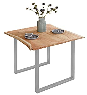 SAM Esszimmertisch 80x80 cm Billy, echte Baumkante, Esstisch aus Akazienholz massiv + naturfarben, Baumkantentisch mit U-Gestell Silber