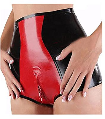 MFMYEE SM Bondage Höschen -Latex Damen Slips Schritt Reißverschluss Gespleißte Farbe Shorts Club Wear Gummihose (L)