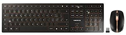 CHERRY DW 9100 SLIM, ensemble clavier et souris sans fil, layout suisse (QWERZ), connexion Bluetooth et radio, touches silencieuses, rechargeable, noir-bronze