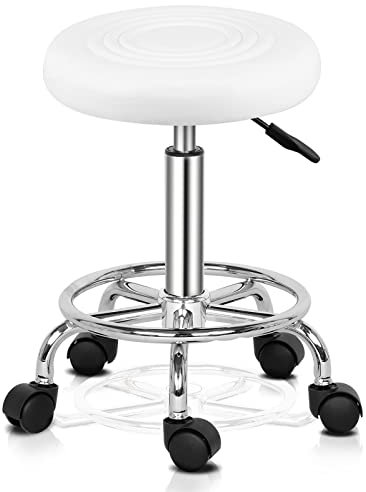 Bonnlo Tabouret de Bureau Tabouret à roulettes Rotation à 360° et Hauteur Réglable 47,5-61 cm pour Salon de Manucure, Salon de Beauté, Spas et Bureax, Blanc