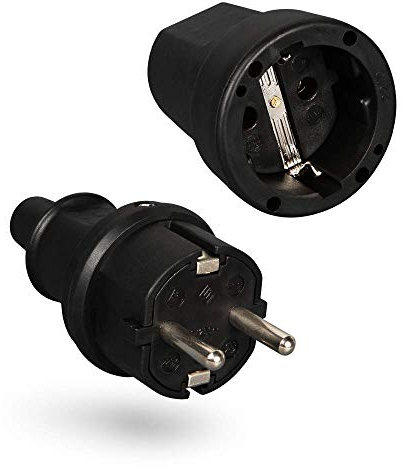 HEITECH Gummi Schutzkontakt Stecker & Kupplung - Schutzkontakt Set mit Knickschutz, schwarz, 250V, 16A, IP20 für Innenbereich - Vollgummi Schuko Stecker & Kupplung