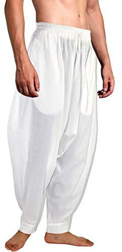 AITFINEISM, Pantaloni harem da uomo, comodi, con vita elasticizzata, alla moda, in tinta unita, casual, stile hippie, per yoga, bianco, 4XL