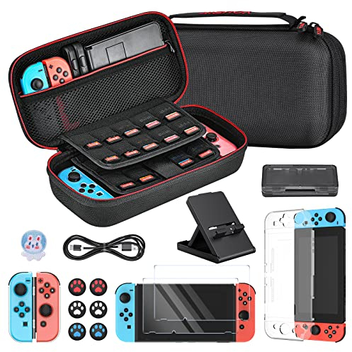 Younik Switch Zubehör Bundle, 16 in 1 Switch-Zubehör-Set enthält Switch Tragetasche, Schutzhülle für Konsole & J-Con, Bildschirmschutz, Verstellbarer Ständer, Switch Game Case und mehr