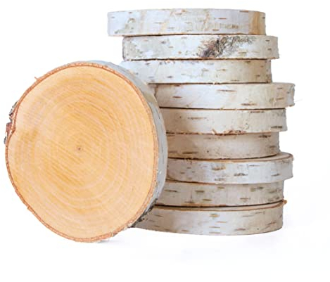 Birkenscheiben rund Ø 10-15cm, Baumscheiben aus Birkenholz, Holzscheibe unbehandelt mit Rinde für DIY Handwerk, Basteln, Holzdeko Hochzeit, Tischschilder, Untersetzer (10 Stk.)