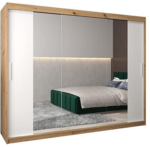 MEBLE KRYSPOL Kleiderschrank mit Spiegel Tokyo 2 - Garderobenschrank - Schrank Schlafzimmer - Mehrzweckschrank DREI Schiebetüren - Regalen - Flur Möbel - Kleiderstange Schrank - Allzweckschrank