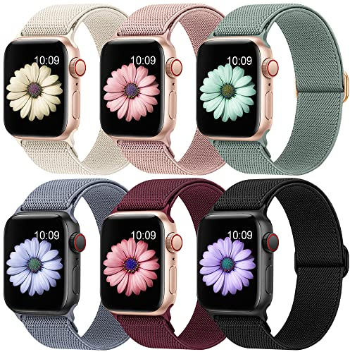 Higgs 6 Pack Stretchy Nylon Strap Compatible with Apple Watch Straps 38mm 40mm 41mm 42mm(series 10), Adjustable Sport Elastic straps for iWatch Series 10/9/8/7/6/5/4/3/2/1/Ultra/Ultra 2/SE