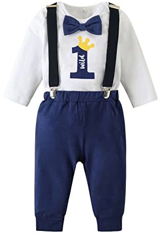 Borlai Baby Junge 1. Geburtstag Outfits Fliege Strampler Hosenträger Hosen Gentleman Kleidung Set