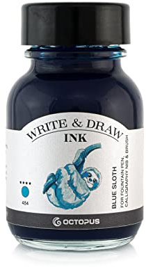 Octopus Write and Draw Ink 484 Blue Sloth, wasserfeste Tinte zum Schreiben und Zeichnen, Kalligraphie-Tinte, lichtechte Zeichentinte für Füllfederhalter, Glasstift, Pinsel, 50 ml